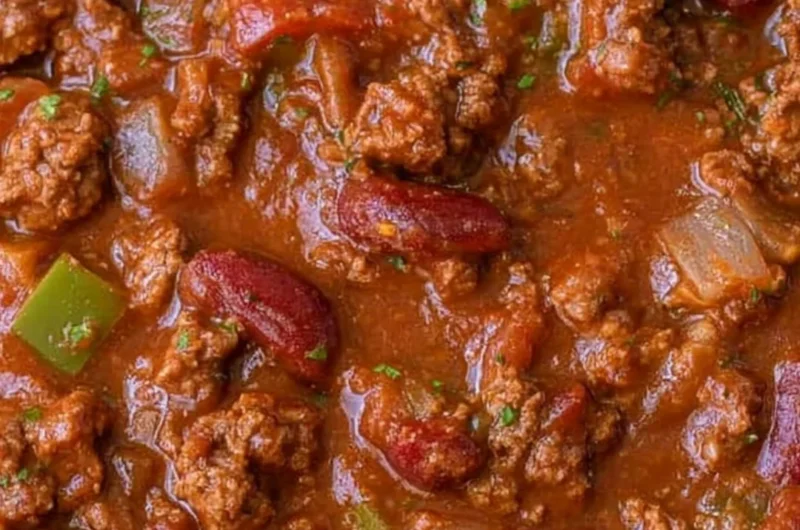 Bowl of cozy easy chili recipe topped with cheese and herbs