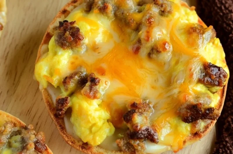Cozy English muffin breakfast pizza topped with eggs and cheese