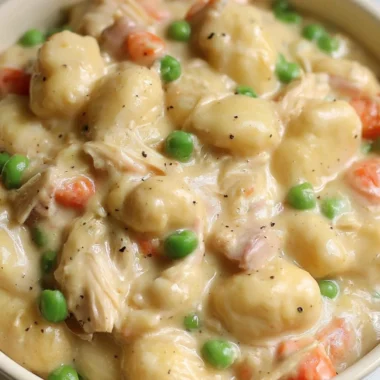 A delicious bowl of cozy gnocchi chicken pot pie topped with fresh herbs