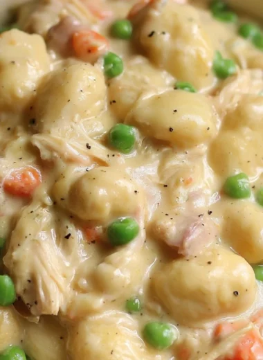 A delicious bowl of cozy gnocchi chicken pot pie topped with fresh herbs