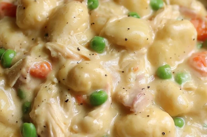 A delicious bowl of cozy gnocchi chicken pot pie topped with fresh herbs