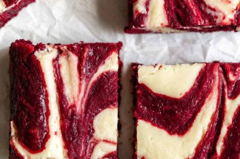 Delicious red velvet cheesecake brownies with cream cheese layer and red velvet swirl.