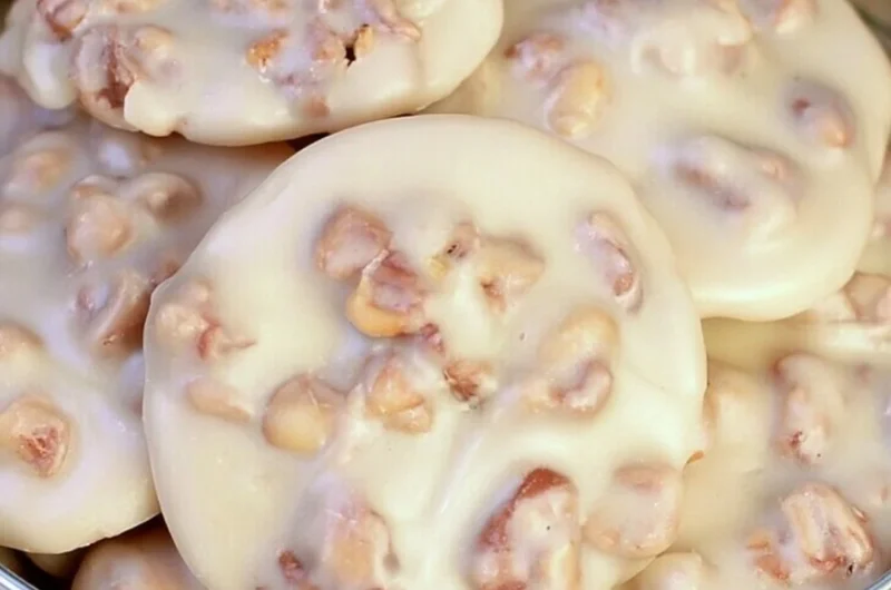 Cozy vanilla pecan pralines on a rustic wooden table, showcasing their delicious texture.