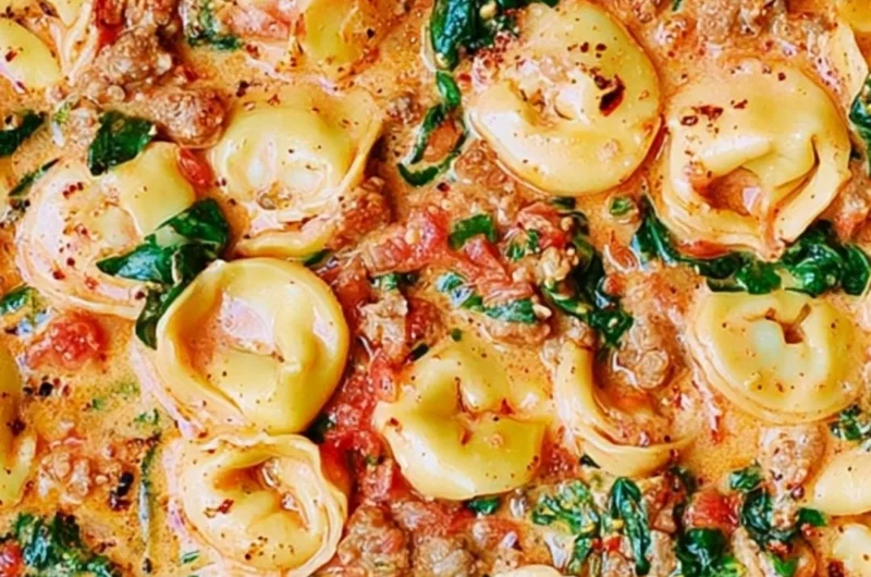 Creamy tortellini in a bowl with sausage, spinach, and tomatoes topped with mozzarella