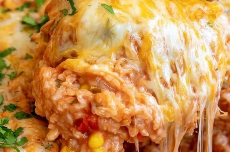 Easy One Pot Cheesy Enchilada Rice dish garnished with fresh herbs