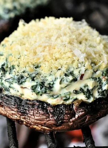 Grilled Spinach Dip-Stuffed Portabella Mushroom Caps garnished and ready to serve
