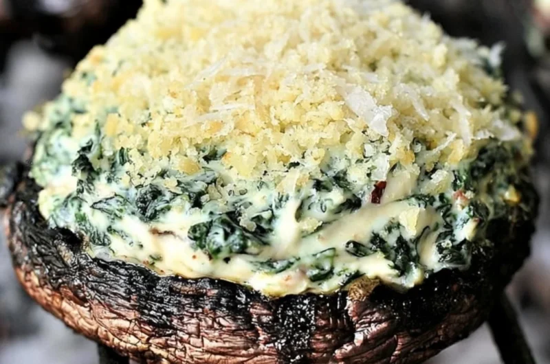 Grilled Spinach Dip-Stuffed Portabella Mushroom Caps garnished and ready to serve