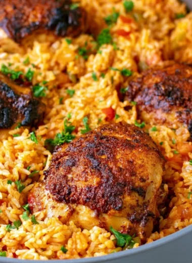 One Pot Cajun Chicken and Rice dish garnished with herbs