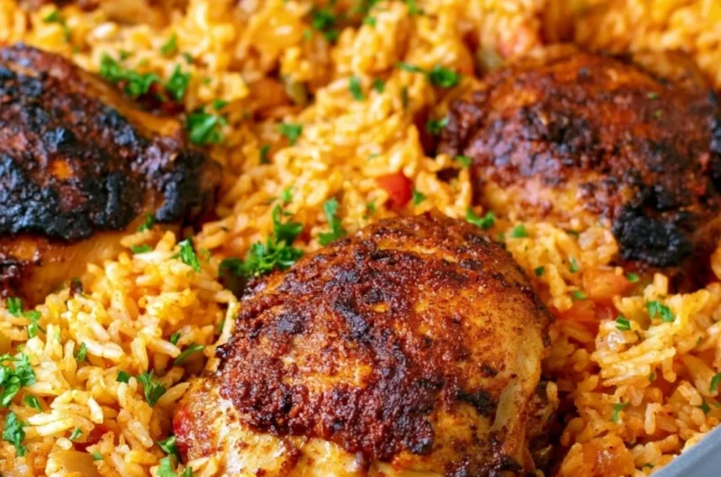 One Pot Cajun Chicken and Rice dish garnished with herbs