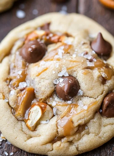 Delicious salted caramel pretzel chocolate chip cookies on a plate