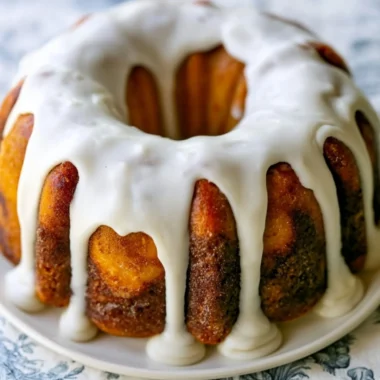 Homemade cinnamon roll bundt cake topped with icing on a plate