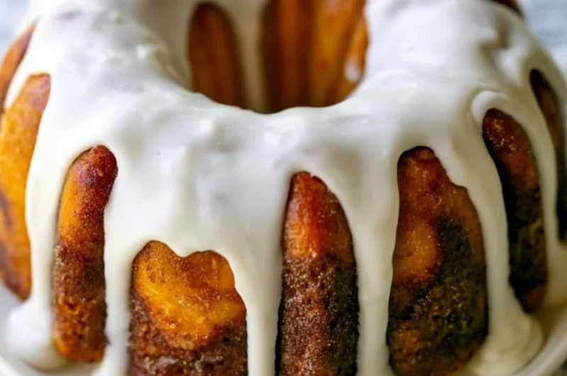 Homemade cinnamon roll bundt cake topped with icing on a plate