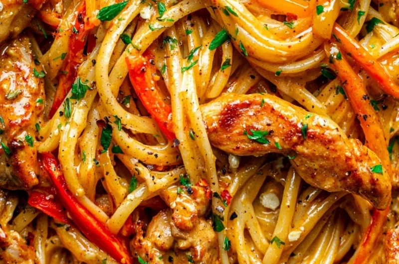 Bowl of Cowboy Butter Chicken Pasta topped with herbs and spices for a cozy dinner.