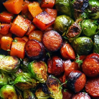 Cozy sausage and veggies skillet with butternut squash and Brussels sprouts