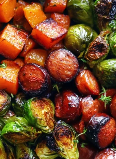 Cozy sausage and veggies skillet with butternut squash and Brussels sprouts