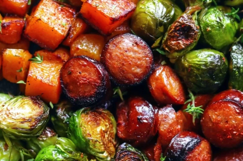 Cozy sausage and veggies skillet with butternut squash and Brussels sprouts