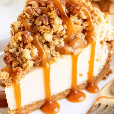 Delicious apple crisp cheesecake with a crunchy topping and creamy texture.