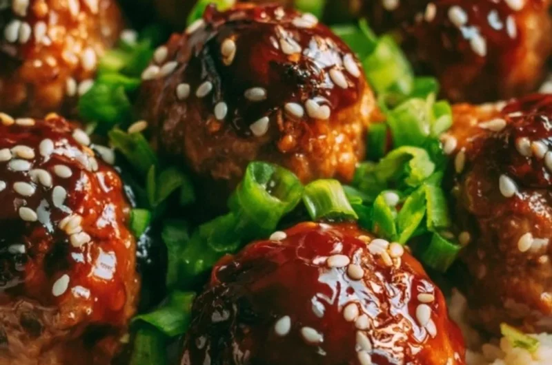 Delicious Asian Meatballs served with sauce and green onions.