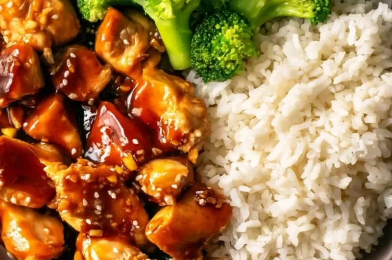 Plate of cozy Asian-style teriyaki chicken garnished with sesame seeds and green onions.