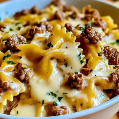 Cozy beef bowtie pasta served with creamy Alfredo sauce