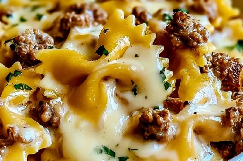 Cozy beef bowtie pasta served with creamy Alfredo sauce