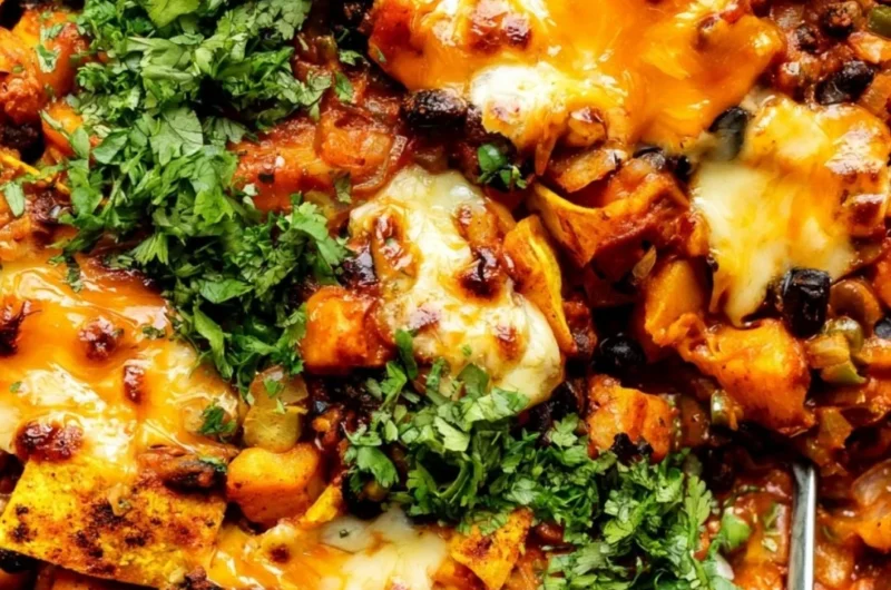 Cozy butternut squash and black bean enchiladas cooked in a skillet