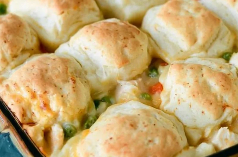 Cozy chicken pot pie with flaky biscuits on a rustic table