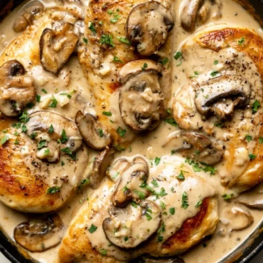 Creamy white wine chicken served with herbs and vegetables
