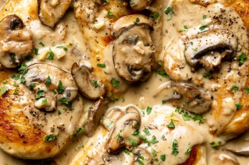 Creamy white wine chicken served with herbs and vegetables