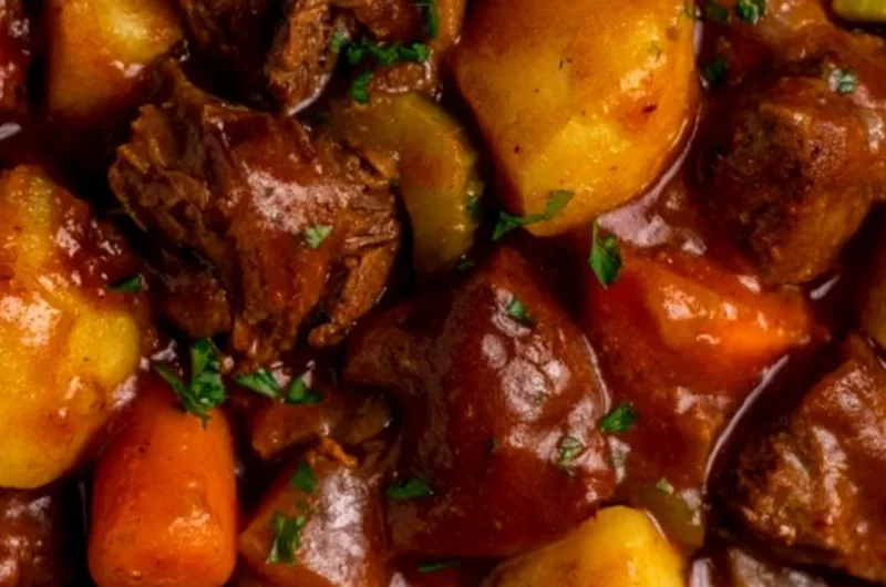 Delicious crock pot beef stew served in a hearty bowl with fresh herbs.