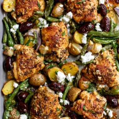 Cozy one-pan Mediterranean chicken with colorful vegetables and herbs.