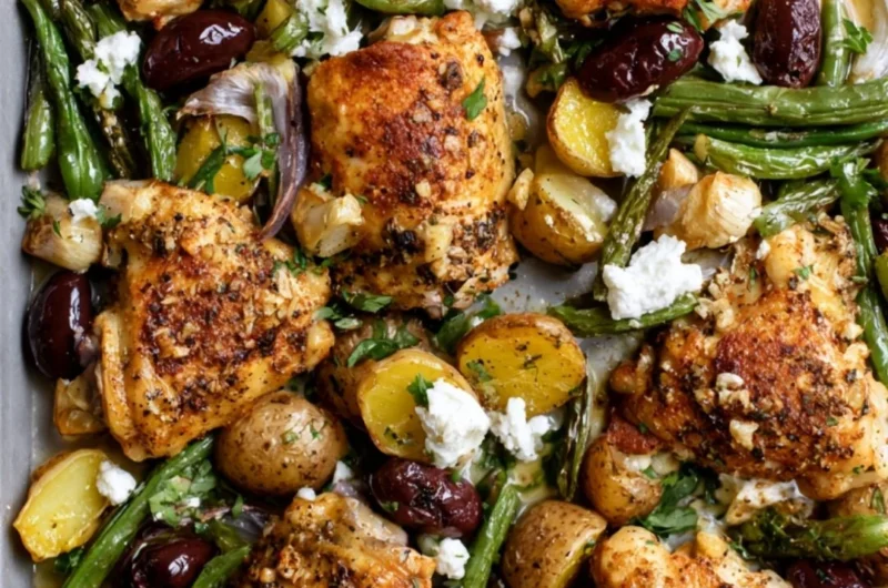 Cozy one-pan Mediterranean chicken with colorful vegetables and herbs.