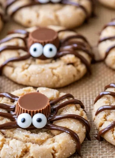 Cozy Peanut Butter Spider Cookies with chocolate spider decorations