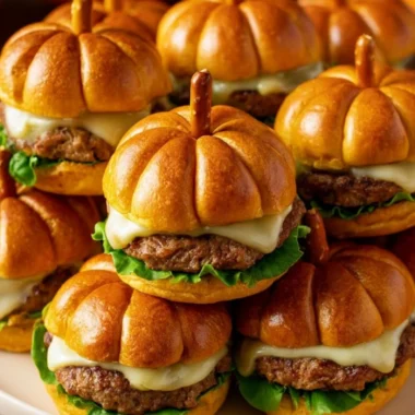 Festive pumpkin shaped sliders garnished with fresh ingredients for a fall delight