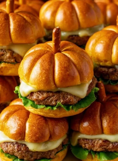 Festive pumpkin shaped sliders garnished with fresh ingredients for a fall delight