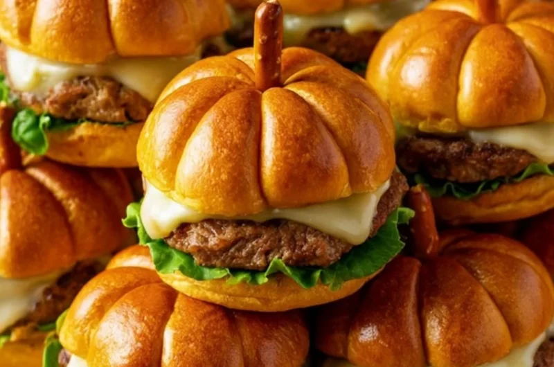Festive pumpkin shaped sliders garnished with fresh ingredients for a fall delight
