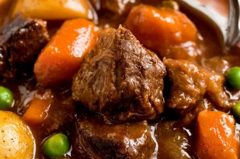 Cozy slow cooker beef stew in a bowl with fresh herbs on top
