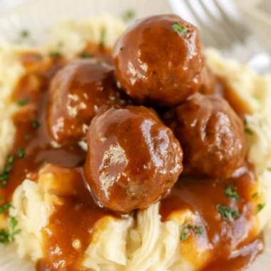 Slow cooker Salisbury steak meatballs served in a delicious creamy sauce