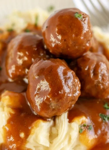Slow cooker Salisbury steak meatballs served in a delicious creamy sauce