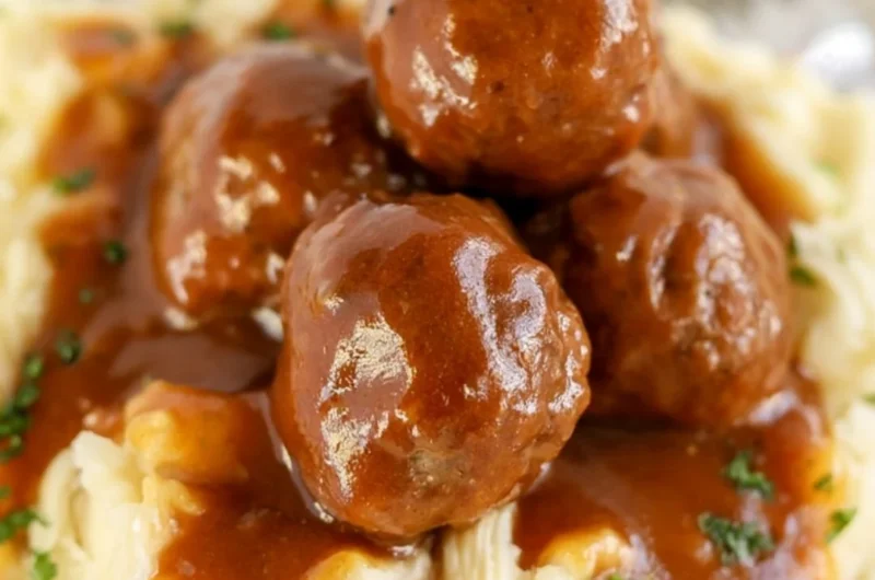 Slow cooker Salisbury steak meatballs served in a delicious creamy sauce