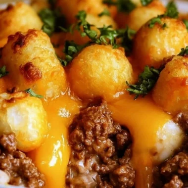 Delicious cozy tater tot casserole served hot in a dish