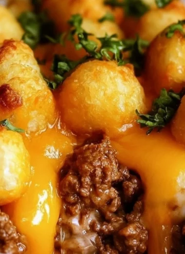 Delicious cozy tater tot casserole served hot in a dish