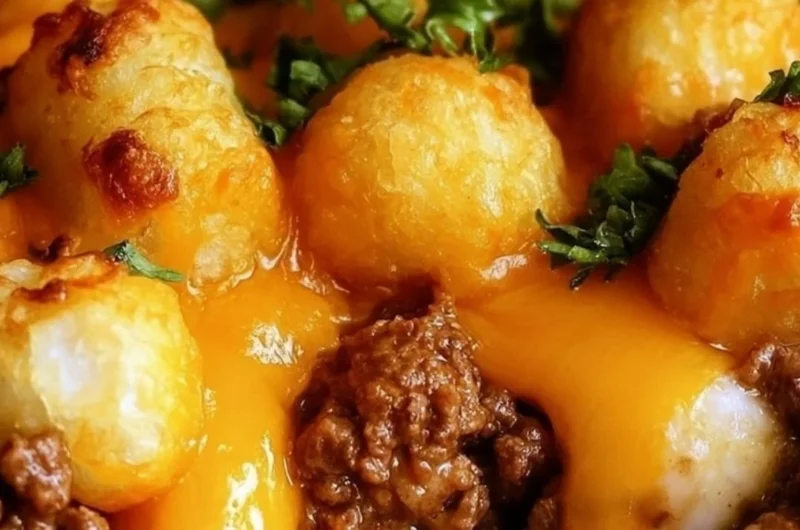 Delicious cozy tater tot casserole served hot in a dish