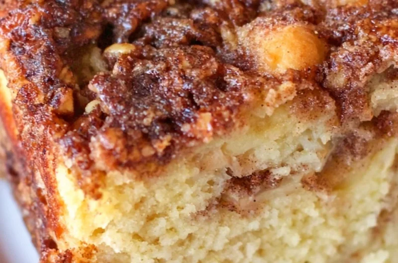 Delicious apple sour cream cake served on a wooden table with a cozy ambiance