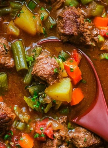 Delicious cozy vegetable beef soup in a bowl with fresh ingredients