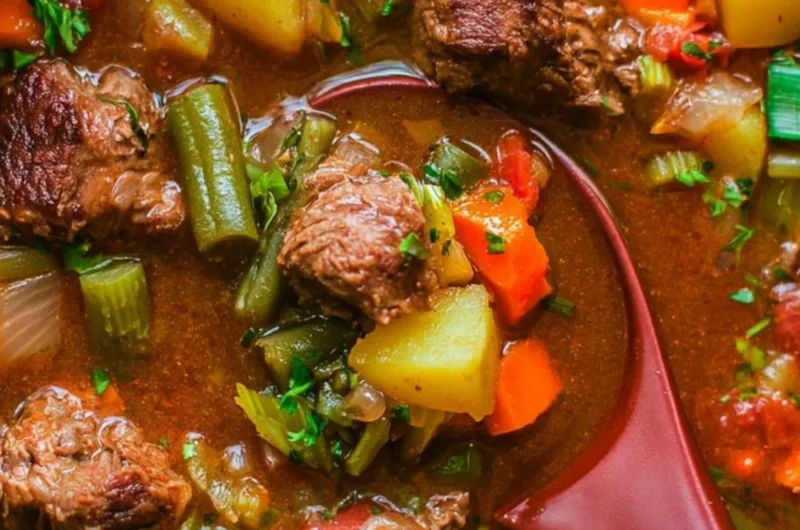 Delicious cozy vegetable beef soup in a bowl with fresh ingredients
