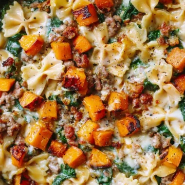 Creamy butternut squash pasta with sausage and spinach dish served in a bowl