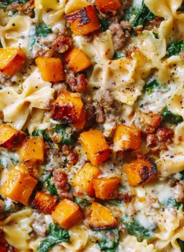 Creamy butternut squash pasta with sausage and spinach dish served in a bowl