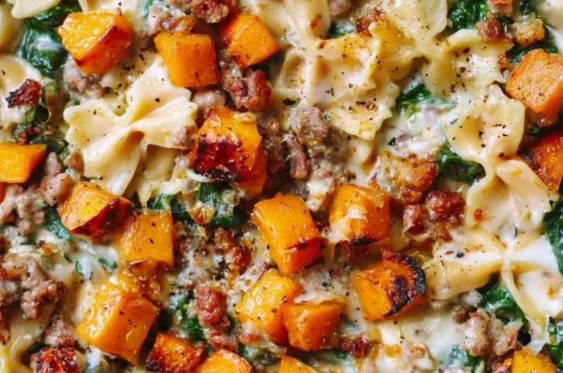 Creamy butternut squash pasta with sausage and spinach dish served in a bowl