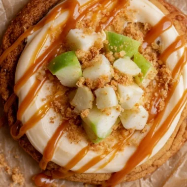 Delicious Crumbl caramel apple cookies topped with caramel and apple pieces